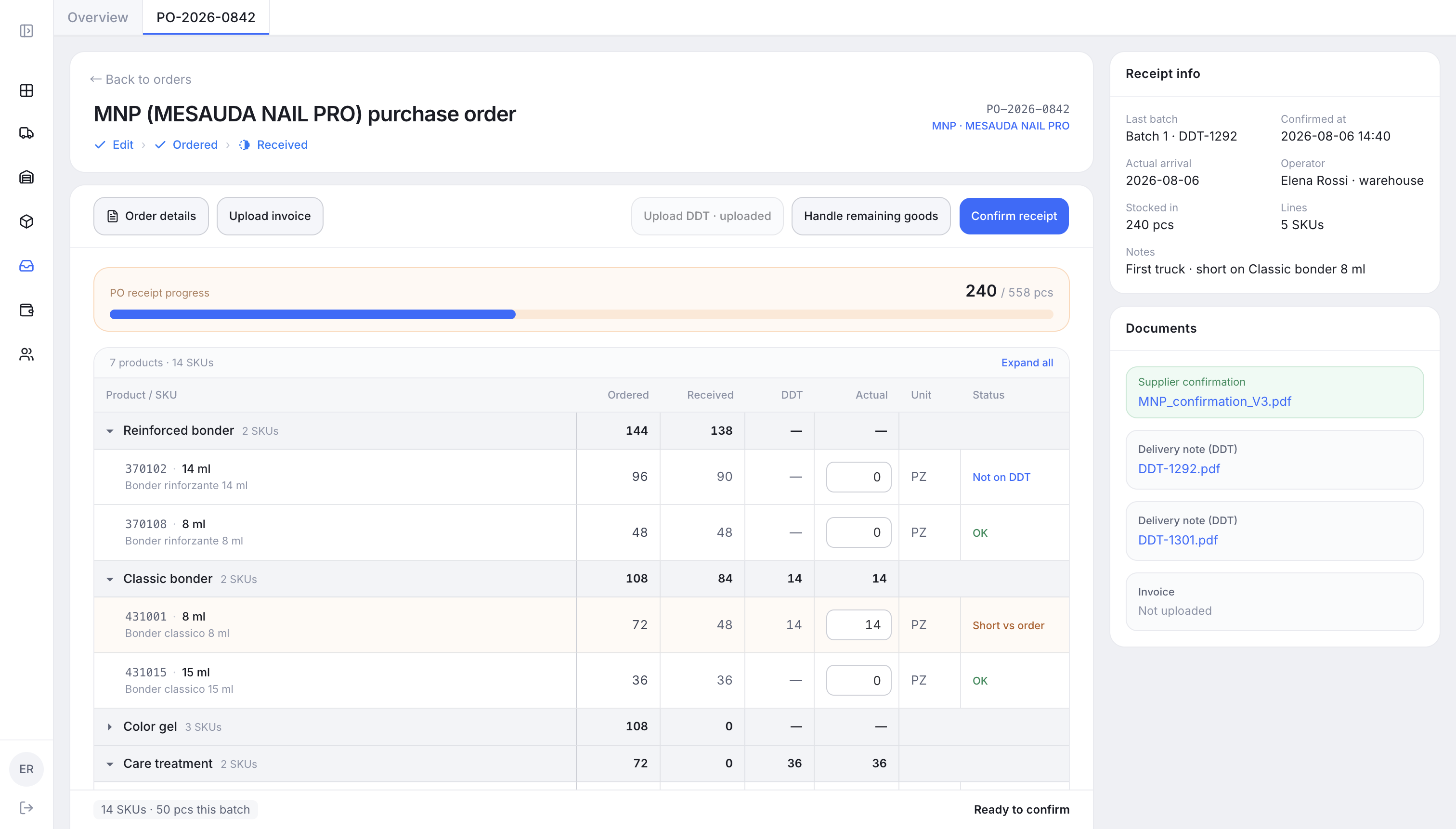 Goods receipt workspace: ordered, DDT, and actual quantities on the same purchase order with visual discrepancy highlighting, and Confirm receipt as the primary action